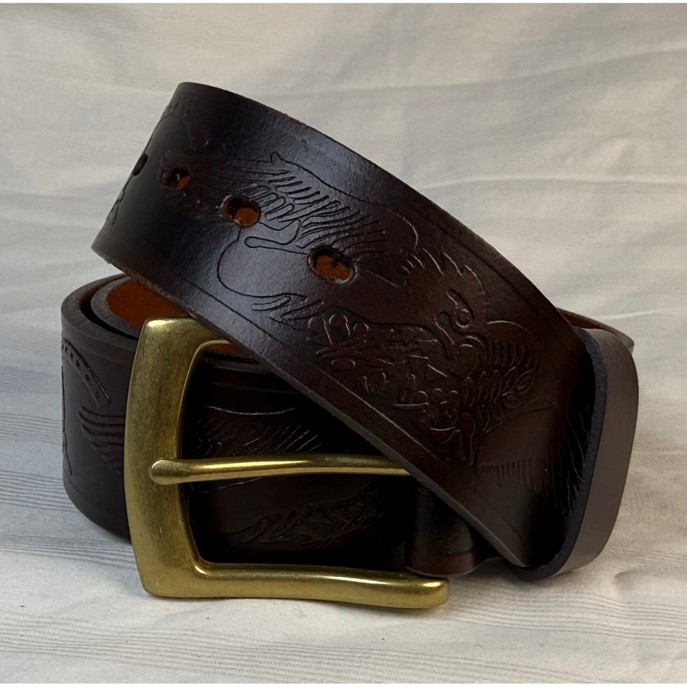 Wrangler Tooled Leather Eagle Western Belt Brown Brass Buckle Size 34 USA